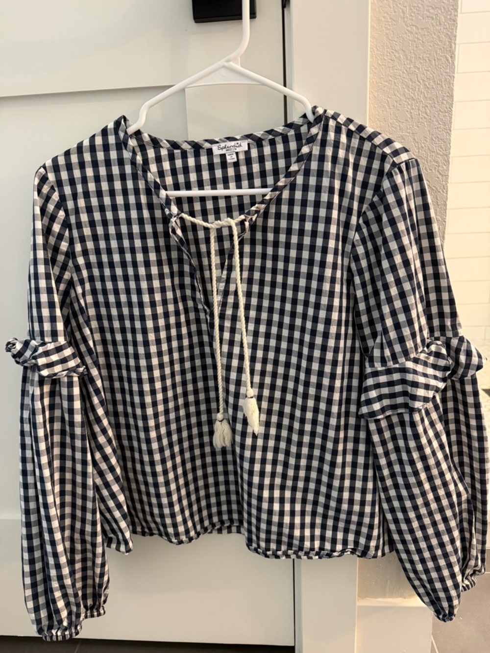 Splendid Gingham Tie-Front Blouse - Navy & White